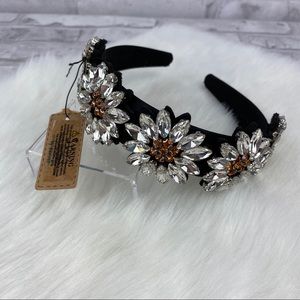 Angelix Beauty Rhinestone Flower Black Headband New With Tags